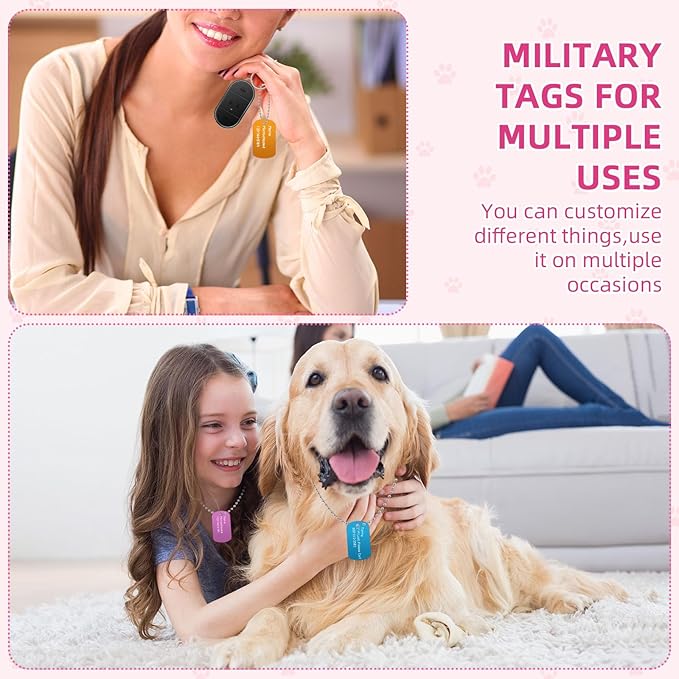 Therwen 300 Pcs Blank Dog Tags Set Includes 150 Pcs Aluminum Tags Engraving Laser Blanks and 150 Pcs Necklace Chain for Pet Decorative DIY Craft, 10 Colors (150 Set)