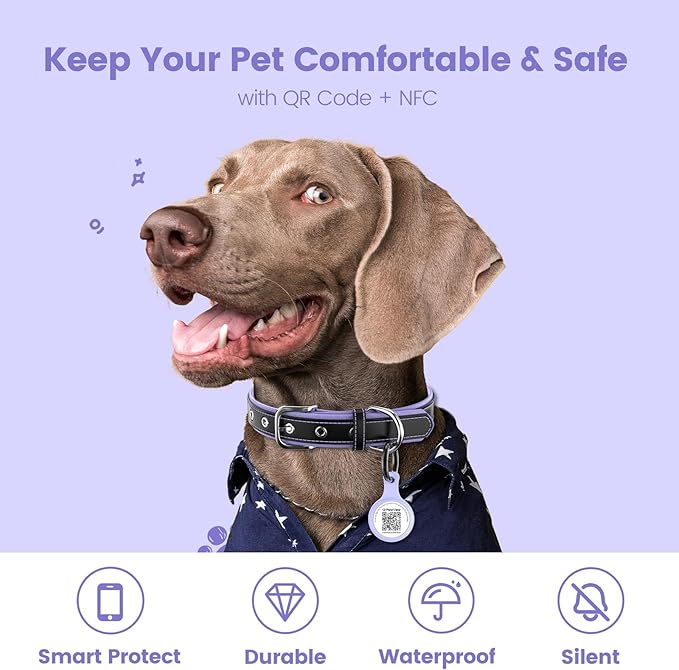 Dog ID Tag with QR Code & NFC, Silent Silicone Dog Name Tags Personalized for Pets- Scan QR for Instant Location Alert, Emergency Contact and Modifiable Pet Profile (Purple)
