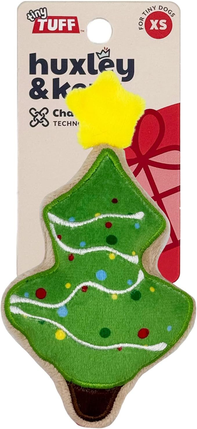 Huxley & Kent Funny Dog Toy w/Squeaker – Holiday Power Plush Squeaky Dog Toys for Small Dogs – Durable Small Stuffed Animal for Indoor Play & Fetch - Tiny Tuff Christmas Tree Cookie
