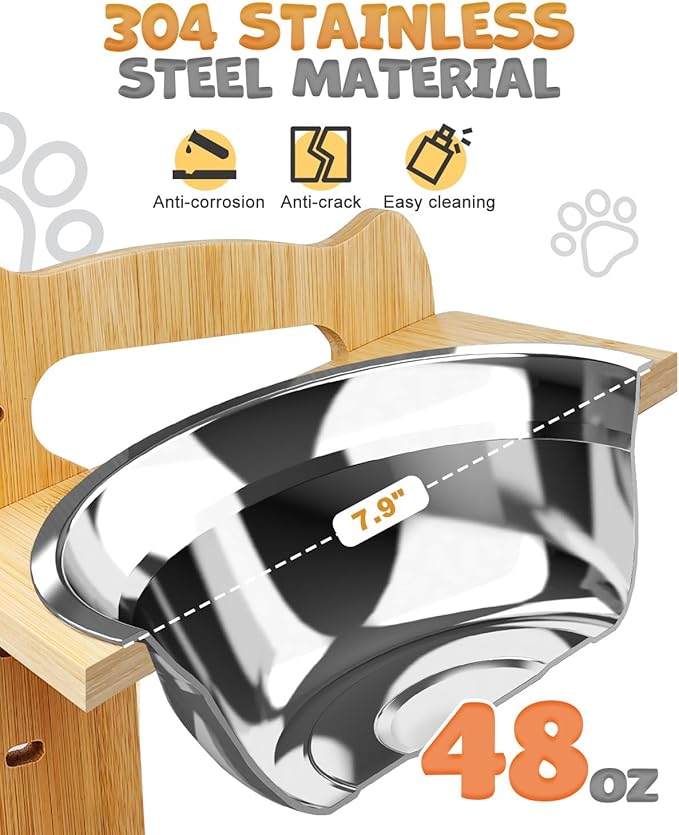 Elevated Dog Bowls, Adjustable Raised Dog Bowl Stand for Medium Large Size Dogs, Durable Bamboo Dogs Feeder with 2 Stainless Steel Bowls and Non-Slip Feet, Pet Food Bowl for Medium Large Sizes