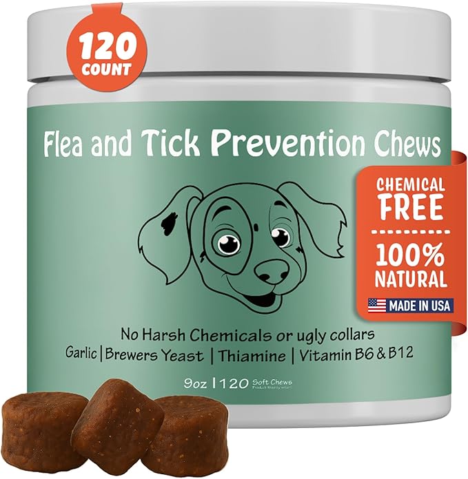 100% Natural Flea & Tick Prevention for Dogs, Chewable – Made in USA Bacon Flavor Soft Chews – Dog Flea & Tick Treatment Control – Oral Pill Repellent Alternative for All Breeds (120 Ct)