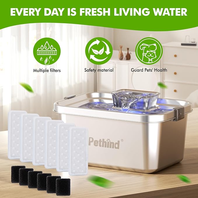 6 Pack Dog Water Fountain Filters and 6 Pack Sponges, Suitable for Stainless Steel 2Gal/264oz Dog Water Fountain (PF-SS-01/PF-SS-02), High Efficiency Filtration, Idividual Package