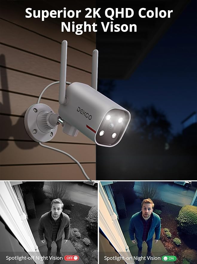 DEKCO 4 Pack Wired Home Camera Outdoor with 2K Color Night Vision, Pan Rotating 180° Security Cameras Support 24/7 Recording, 2.4GHz WiFi, AI Human Auto Tracking, Work with Alexa/Google Assistant