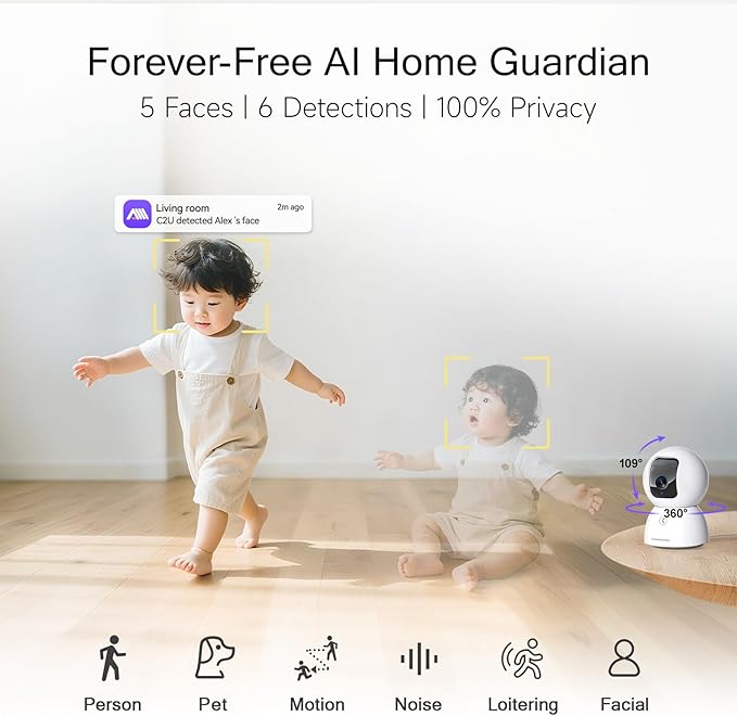 5G Security Camera Indoor 3-Pack, No-Monthly-Fee AI Tracking Facial Recognition, 3K Pet/Dog Camera with Speaker/Phone App, PTZ WiFi Baby Monitor Cameras for Home Security, 0-Glow Night Vision