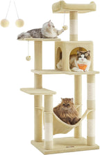 Feandrea Cat Tree, 56.3-Inch Cat Tower for Indoor Cats, Multi-Level Cat Condo with 4 Scratching Posts, 2 Perches, Hammock, Cave, Beige UPCT161M01