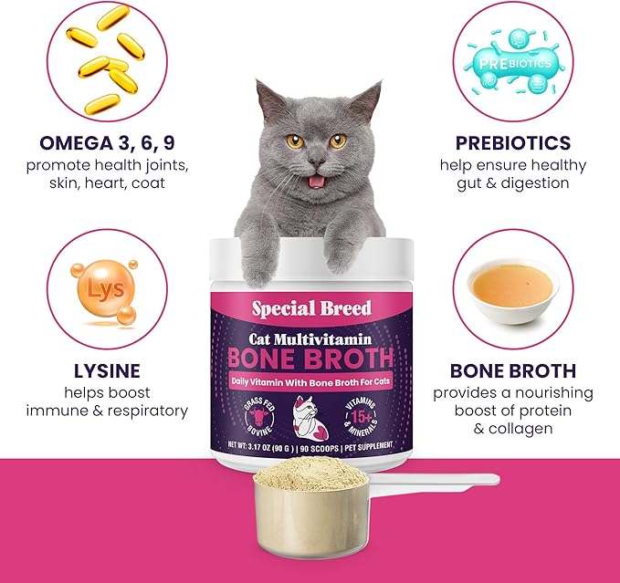 Cat Multivitamin with Grass-Fed Beef Bone Broth – Daily Supplement for Immune, Joint, Skin, Coat & Gut Health – Omega 3s, Lysine, Beta Glucan, Vitamins A-E, C, D – 90 Day Supply – No Fillers