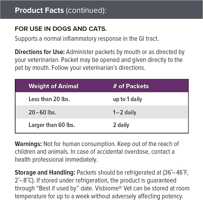 Visbiome® Vet Advanced GI Care High Potency Probiotic for Dogs & Cats – 225B CFU, 8-Strain Formula – Refrigerated, Veterinarian Recommended, Clean Label Certified – 30 Packets