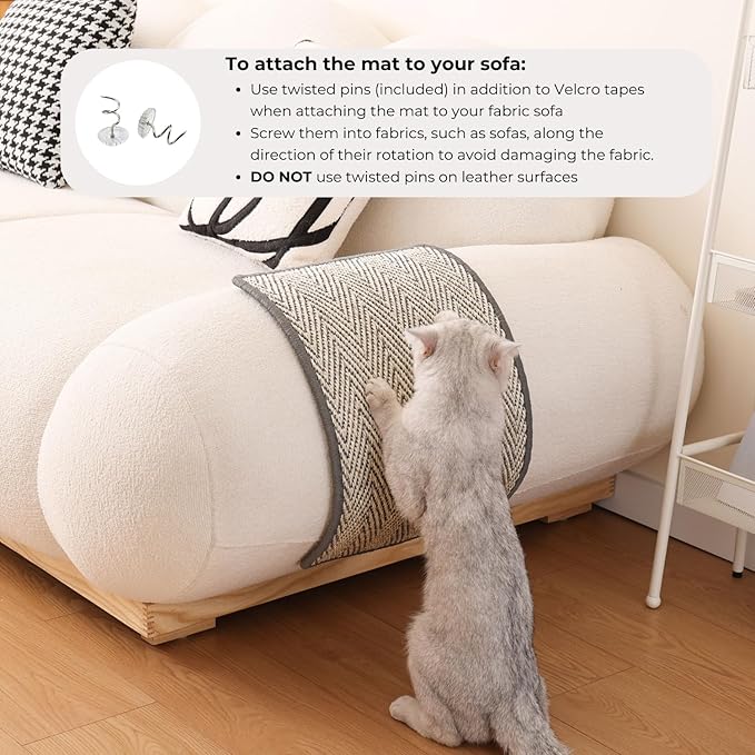 Boho Sisal Cat Scratcher Mat with Adhesive Strips (Scratch Protector for Carpet, Sofa, Wall, Corner Furniture), Durable and Shedding-Resistant Cat Scratching Surface (13x21.7 inch, Fishbone)
