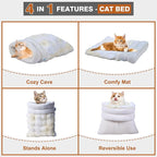 4 in 1 Self Warming Burrow Cat Bed, Pet Hideway Sleeping Cuddle Cave (Style2- Cream)