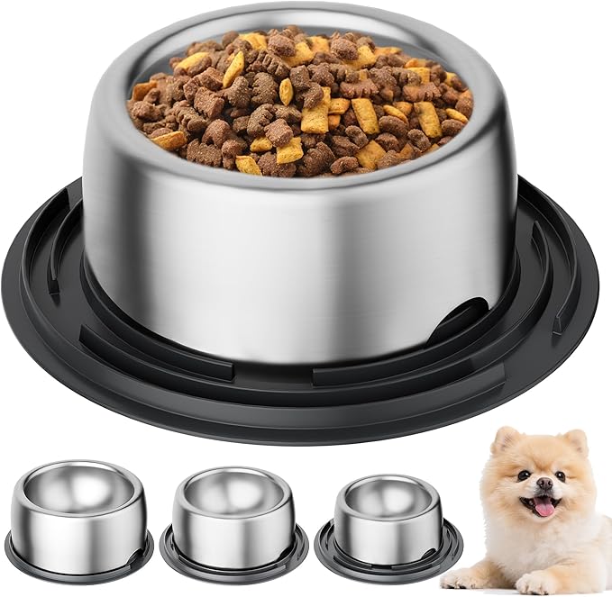 304 Stainless Steel Dog Bowls, Heavy Duty Dog Food Bowl with Extra Strong Non-Slip Mat, Thick Metal Base Water Bowl with Lick Mat for Puppies & Cats, Indoor/Outdoor (8.5 oz)
