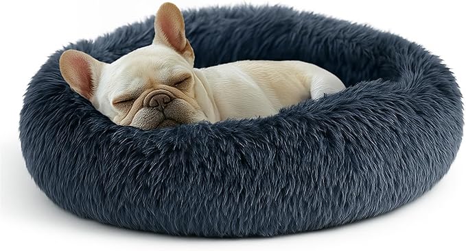 Deconovo Calming Donut Dog Bed, Washable Plush Round Pet Bed for Small Dogs & Cats with Raised Rim, Non-Slip Base and Soft Faux Fur—Lightweight, Easy-Care Design Dark Grey 30" L x 30" W x 8" Th