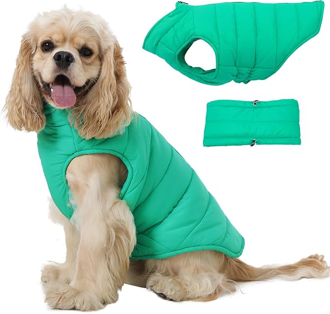 Medium Dog Jacket with Zipper, Dog Winter Coats for Medium Dogs, Warm Windproof Snow Puffer Vest for French Bulldog, Boston Terrier, Cocker, Beagle, Green M