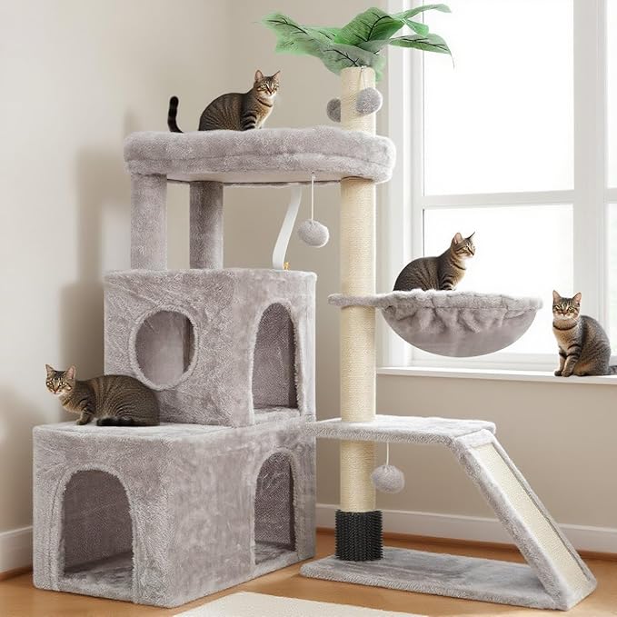 Cat Tree for Indoor Cats Large Adult, Heavy Duty Cat Tower for Big Cats, Cat Tree House with Self Groomer Brush, Big Padded Top Perch, Scratching Post, Hammock, Light Gray GCT012W
