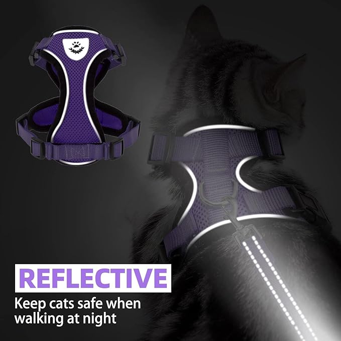 PUPTECK Cat Harness and Leash Set Escape Proof Reflective Cat Walking Harness Adjustable Soft Breathable Mesh Vest for Small Pets, Purple, M