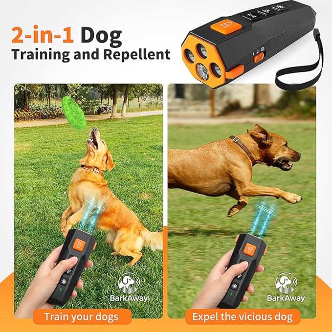 2025 Ultrasonic Dog Bark Deterrent for Safe Anti-Bark Training Stop Neighbor's Dog Device with 4 Working Modes, LED Flashlight – 2 in 1 Pet Training Device with Long Range Humane Technology