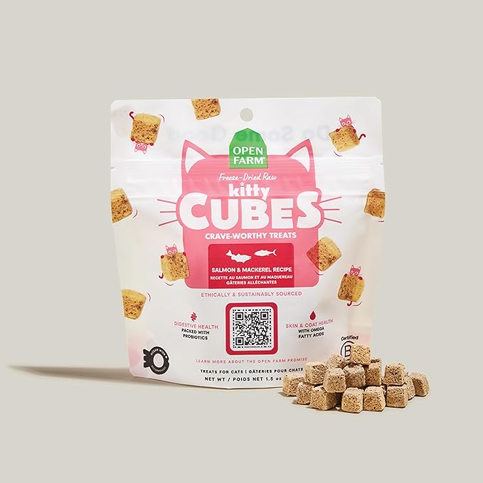 Open Farm, Kitty Cubes, Freeze Dried Raw Cat Treats, Grain-Free, High-Protein Cat Treat with Probiotics, Omega Fatty Acids & Superfoods, Salmon & Mackerel Recipe, 1.5oz Bag