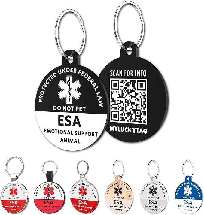 MYLUCKYTAG Emotional Support Animal (ESA) QR Code Stainless Steel Pet ID Tag - Online Profile, Location Alert Email, Digital, Durable Collar Tag - Engraved