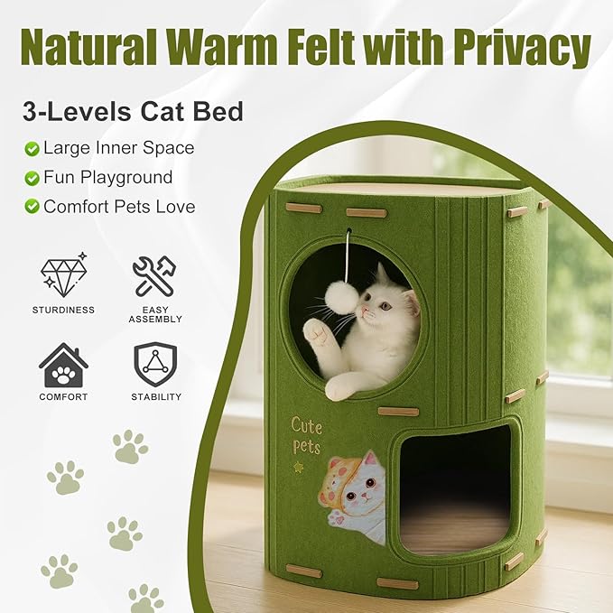 2-Tier Felt Cat House & Tunnel Bed for Indoor Cats – Enclosed Felt Cat Cave Condo with Plush Ball & Cushion – Cozy Hideaway Nest & Cat Furniture, Large Covered Casa para Gatos
