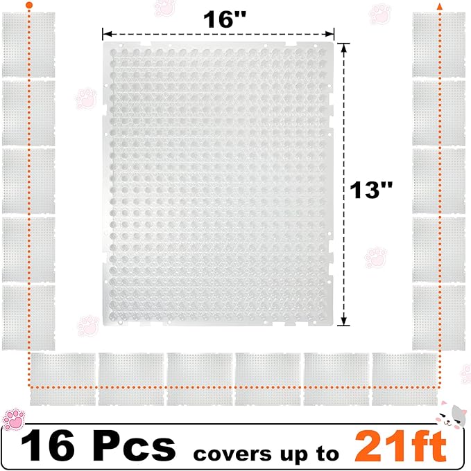 16 Pack Cat Repellent Outdoor Mat Cats Dogs Plastic Bendable Spiked Deterrent Training Repellent PET Mats with Spikes for Indoor Outdoor Supplies, 18.3 Square Feet, 16 x 13 Inch(Clear)