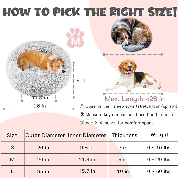 Himax Dog Beds for Small Medium Dogs, Donut Dog Bed with Blanket Attached, Calming Dogs Bed Washable (20"/26"/35") Light Grey