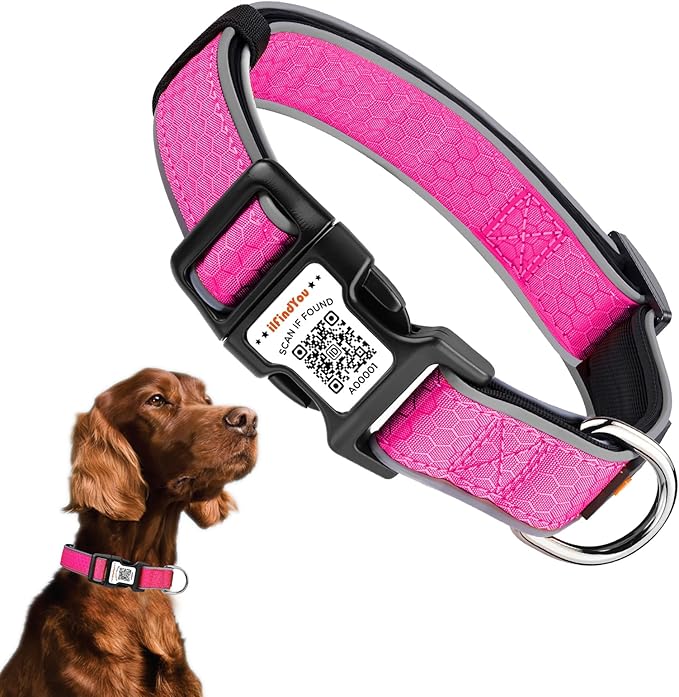 Personalized Dog Collar with QR Code tag for pet ID, Reflective Safety Collar, Suitable for Small, Medium, and Large Dogs (Rose Red, Large)