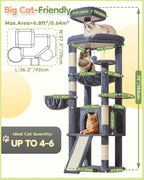 Taoqimiao 72 Inches Cat Tree for Large Cats, Multi-Level Tall Cat Tower, Widened Cat Condo with Large Scratch Board, 5 Scratching Posts, Metal Hammcock, Cozy Basket, Smoky Gray, MS045G