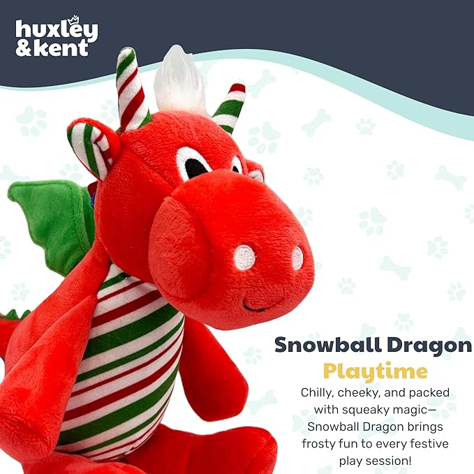 Huxley & Kent Funny Dog Toy w/Squeaker – Holiday Power Plush Squeaky Dog Toys for Small, Medium & Large Dogs – Soft Stuffed Animal for Indoor Play & Fetch - Snowball Dragon, Small