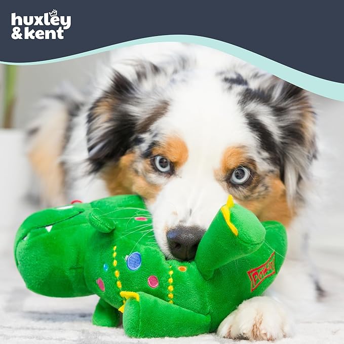Huxley & Kent Funny Dog Toy w/Squeaker – Holiday Power Plush Squeaky Dog Toys for Small, Medium & Large Dogs – Soft Stuffed Animal for Indoor Play & Fetch - Tree Rex 2.0, Large