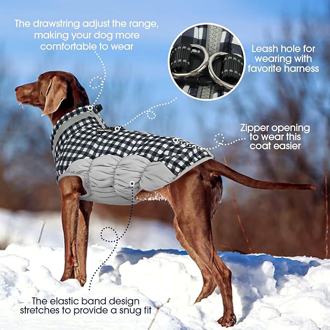 FUAMEY Dog Coat for Large Dogs,Waterproof Dog Winter Jacket with Harness Built in Puppy Cold Weather Coats Reflective Pet Vest with Zipper Warm Fleece Dogs Snowsuit Windproof Checkerboard XL