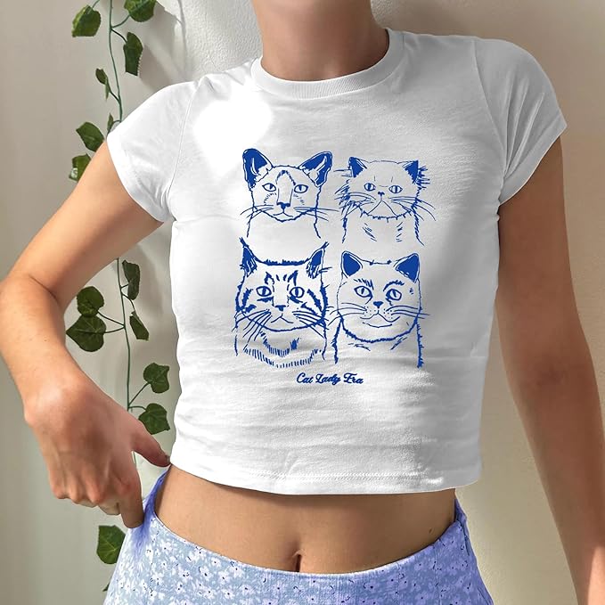 Y2k Baby Tees for Women Cute Cat Lady Era Graphic Grunge Crop Tops Vintage T Shirts Retro Aesthetic Tee Top