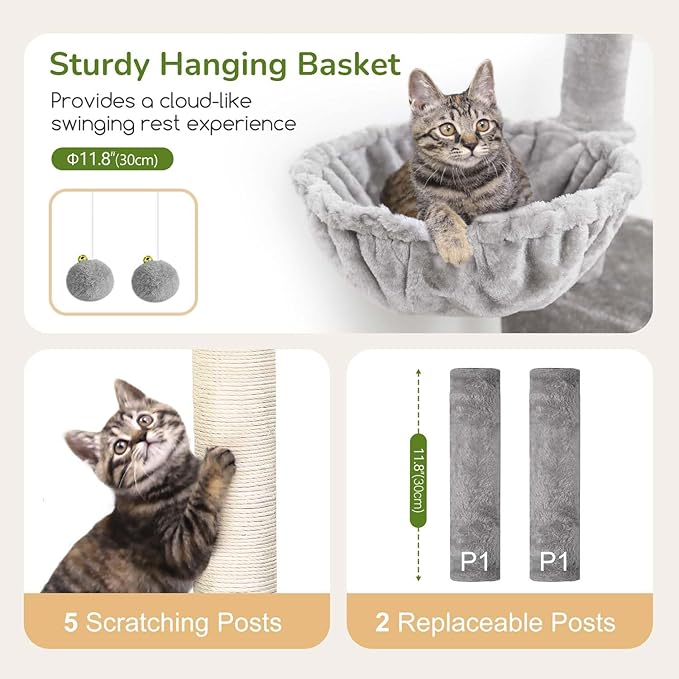 Globlazer Expandable Cat Tree Tower, 70in Tall Sturdy Cat Tree for Indoor Cats Large Adult with 2 Spacious Cat Condos, 2 Enlarged Perches, 5 Scratching Posts, Use Alone or Combine, F70E, Light Grey