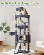 Taoqimiao 72 Inches Cat Tree for Large Cats, Multi-Level Tall Cat Tower, Widened Cat Condo with Large Scratch Board, 5 Scratching Posts, Metal Hammcock, Cozy Basket, Smoky Gray, MS045G