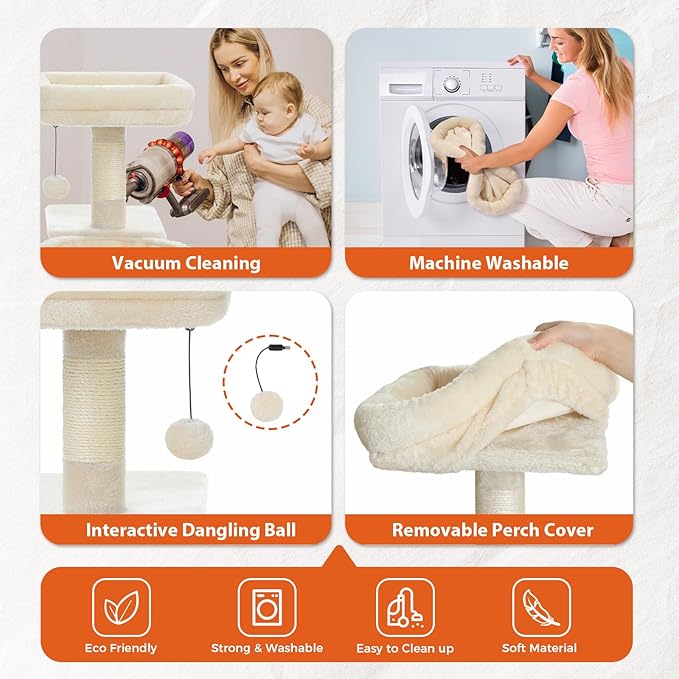 PETEPELA Small Cat Tree for Indoor Cats, 32'' Cute Cat Tower Cat Condo with Sisal Scratching Ramp, Cozy Hammock and Removable Top Bed Perch for Kittens, Beige