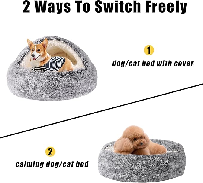 Round Hooded Cat Bed & Dog Bed with Cover Cave, Dog Bed for Small Dogs, Faux Fur Cuddler Round Coved Cat Bed Self Warming Donut Dog Bed Fits up to 22 lbs Pets (Gray, 24inch x 24inch)