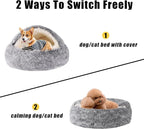 Round Hooded Cat Bed & Dog Bed with Cover Cave, Dog Bed for Small Dogs, Faux Fur Cuddler Round Coved Cat Bed Self Warming Donut Dog Bed Fits up to 22 lbs Pets (Gray, 24inch x 24inch)