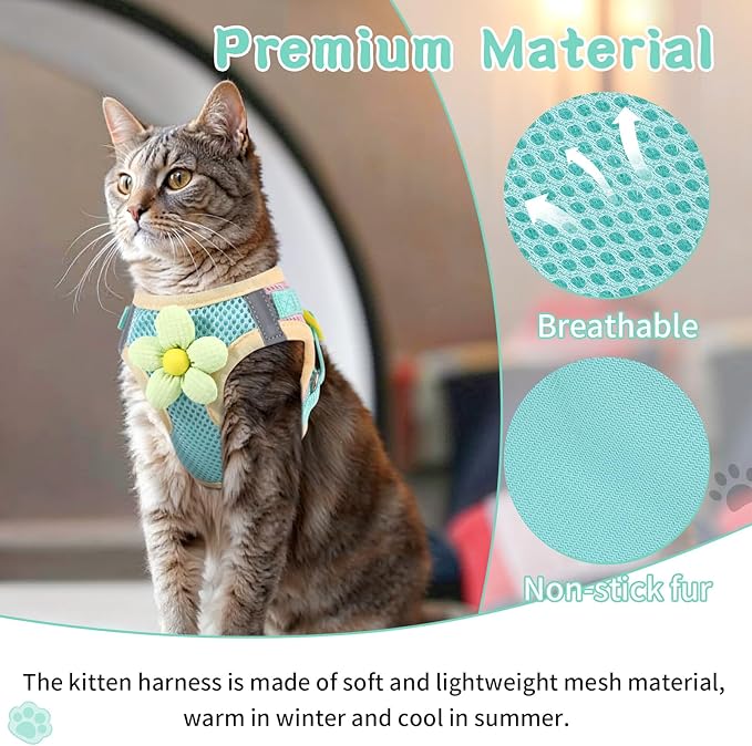 Cat Harness and Leash Set for Walking Escape Proof, Adjustable Kitten Harness Breathable Mesh with Reflective Strips Harness with Flower for Kitty Puppy Bunny Green XS