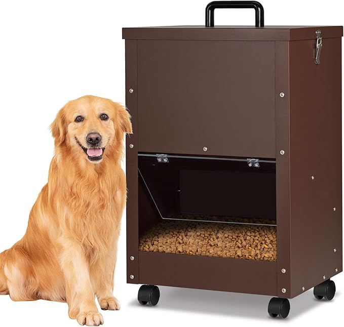 Galvanized Automatic Dog Feeder Large Breed 45 Pounds, Metal Dog Food Gravity Feeder Extra Large Automatic Pet Feeder, Easy to Move with Wheels