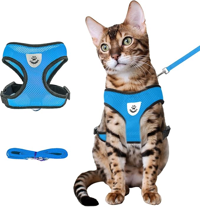 shudyear Summer cat Chest Harness and Leash, Anti-Escape Adjustable Soft mesh cat Leash and Chest Harness Set for All Types of Cats cat Vests (Size L, Sky Blue)