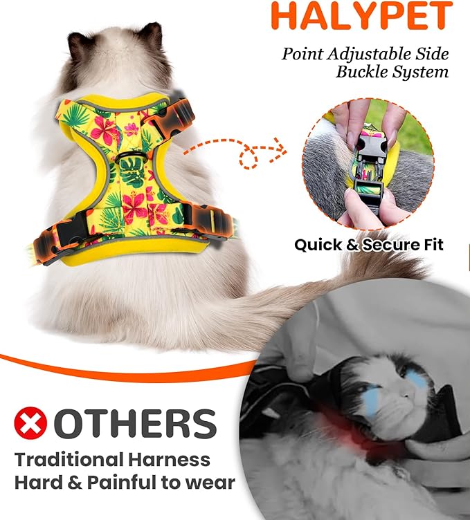 Halypet Cat Harness and Leash Set for Walking, Escape Proof Adjustable Vest Harness with 3-in-1 Integrated Buckles, Easy Control Soft Breathable Mesh with Reflective Strips for Cats, S, Bright Yellow
