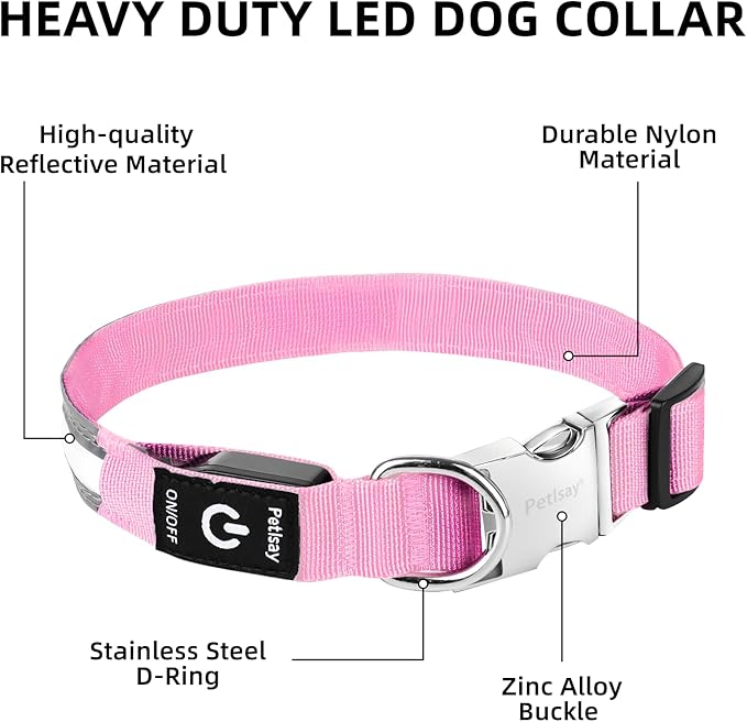 PetIsay LED Dog Collar Metal Buckle - Heavy Duty Light up Collars - Rechargeable IP68 Waterproof - Lighted Dog Collar for Night Walking, Hiking, Camping (Medium, Pink)