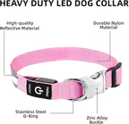 PetIsay LED Dog Collar Metal Buckle - Heavy Duty Light up Collars - Rechargeable IP68 Waterproof - Lighted Dog Collar for Night Walking, Hiking, Camping (Medium, Pink)