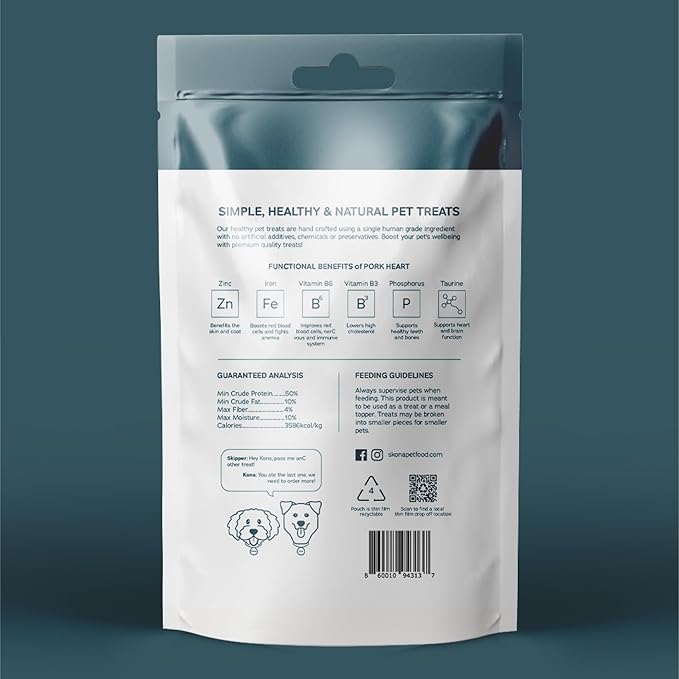 Skona PetFood Pork Heart Jerky Dog & Cat Treats, Single-Ingredient, High Protein Training Snacks, Natural & Healthy, USA Made, Rich in Nutrients, Supports Heart, Eye & Dental Health, 4oz