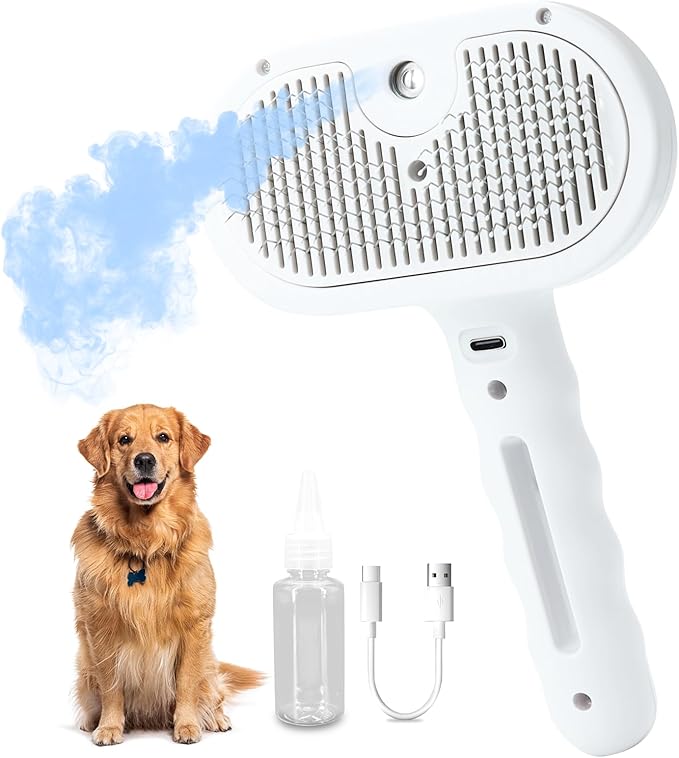 Steam Dog Brush for Shedding & Grooming - Self-Cleaning Deshedding Brush with Spritz Function, Slicker Pet Spray Hair Removal Comb | Defurring Tool for Long and Short Haired Dogs Cats (White)