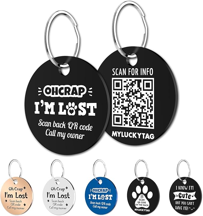 MYLUCKYTAG QR Code Stainless Steel Personalized Dog ID Tag, Engraved Collar Tag, Digital Pet Profile, Location Alert Email