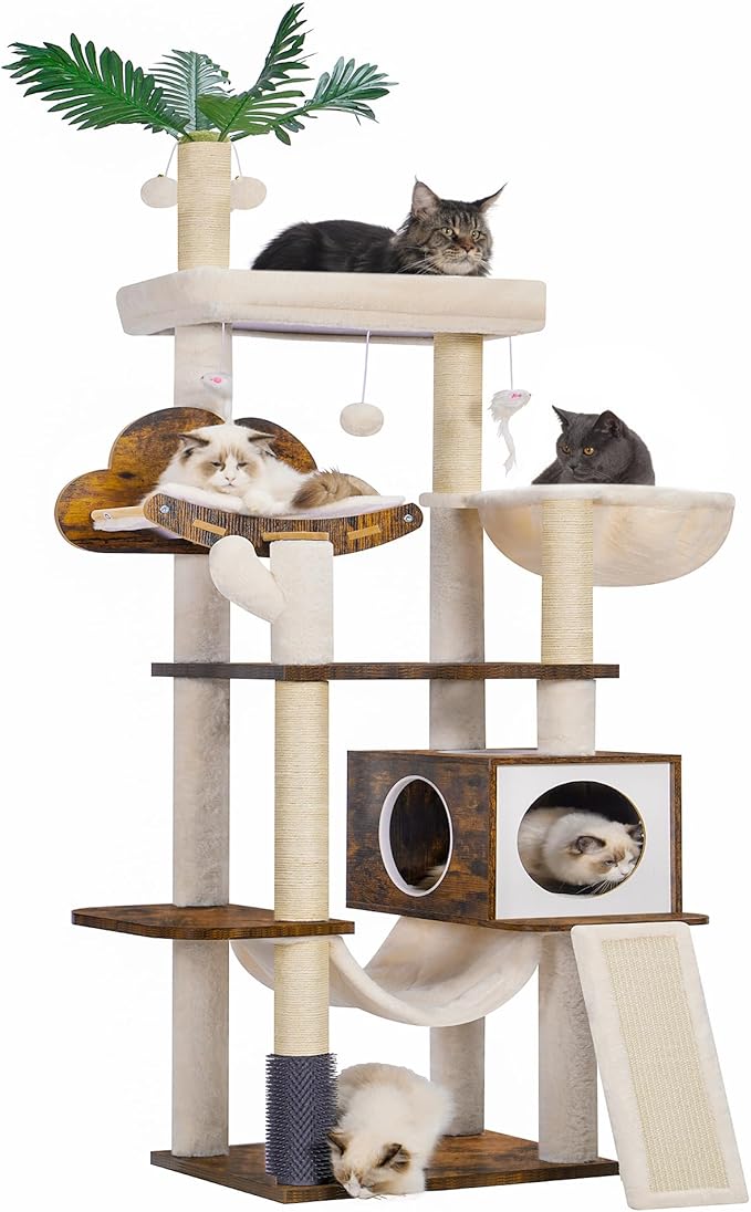 Heybly Wood Cat Tree for Indoor Cats, Cat Condo for Large Cats with Self Groomer, Modern Cat Scratching Tower with Basket, Hammock, Dangling Ball and Leaves, Rustic Brown HCT120SR