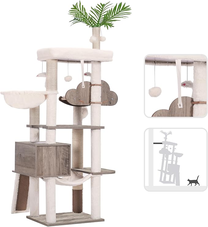 Heybly Wood Cat Tree for Indoor Cats, Cat Condo for Large Cats with Self Groomer, Modern Cat Scratching Tower with Basket, Hammock, Dangling Ball and Leaves, Rustic Gray HCT120SG