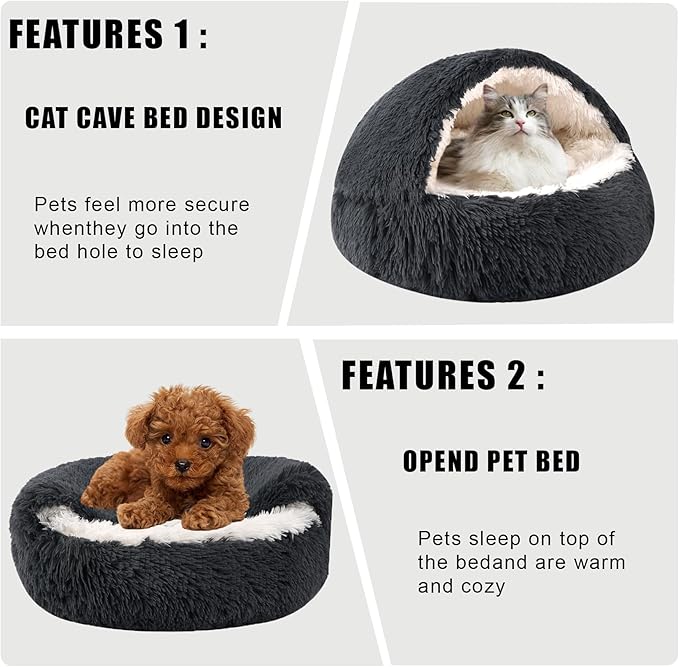 HYQ Dog Bed for Small Dogs, Cozy Cat Cave Bed, Cat Beds for Indoor Cats Washable, Non-Slip Cat Beds, Calming Dog Bed with Hooded Cover, Dog Bed with Cover for Small Medium Pets(Dark Grey, 24×24 Inch)