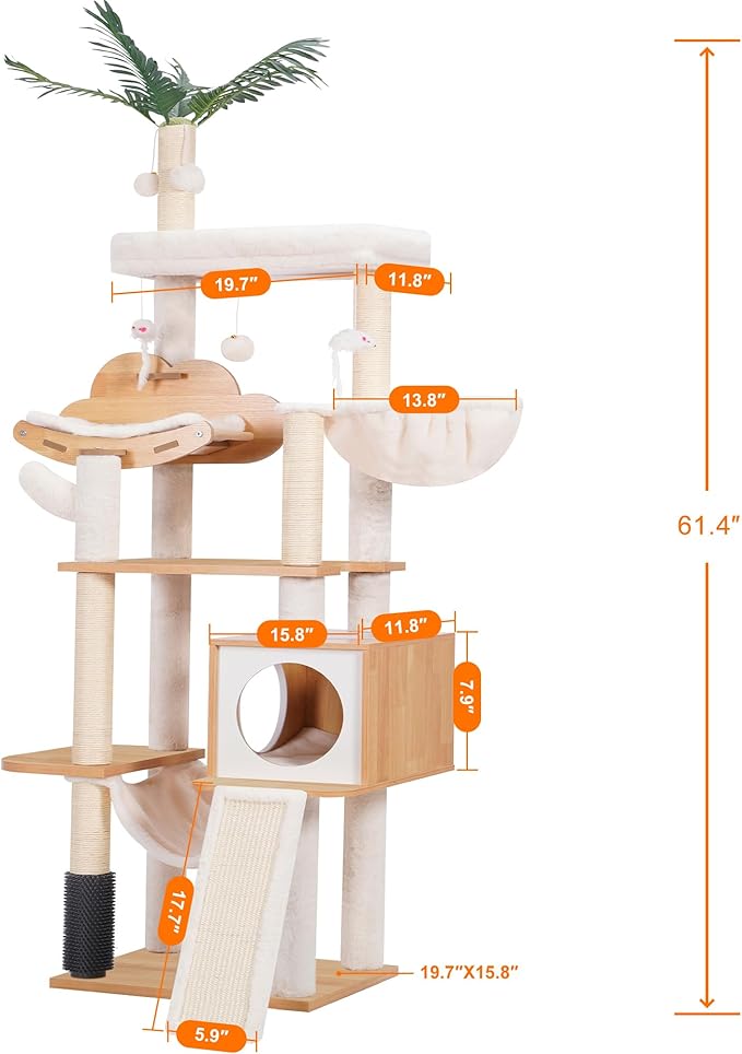 Heybly Wood Cat Tree for Indoor Cats, Cat Condo for Large Cats with Self Groomer, Modern Cat Scratching Tower with Basket, Hammock, Dangling Ball and Leaves, Walnut HCT120WB