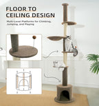 Made4Pets Floor to Ceiling Cat Tree 93-106'',Tall Cat Tower 5 Tiers, Adjustable Height, Stable Cat Tree Tower with Scratching Posts, Fluffy Condo, Hammock and Ball Toy for Indoor Cats/Kitten, Brown