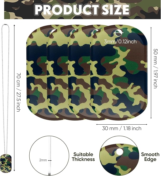 Wonderjune 60 Pack Camouflage Military Dog Tags Necklaces Acrylic Army Party Decorations Supplies Bulk with 70 cm Steel Long Beaded Chains for Soldier Men Dogs